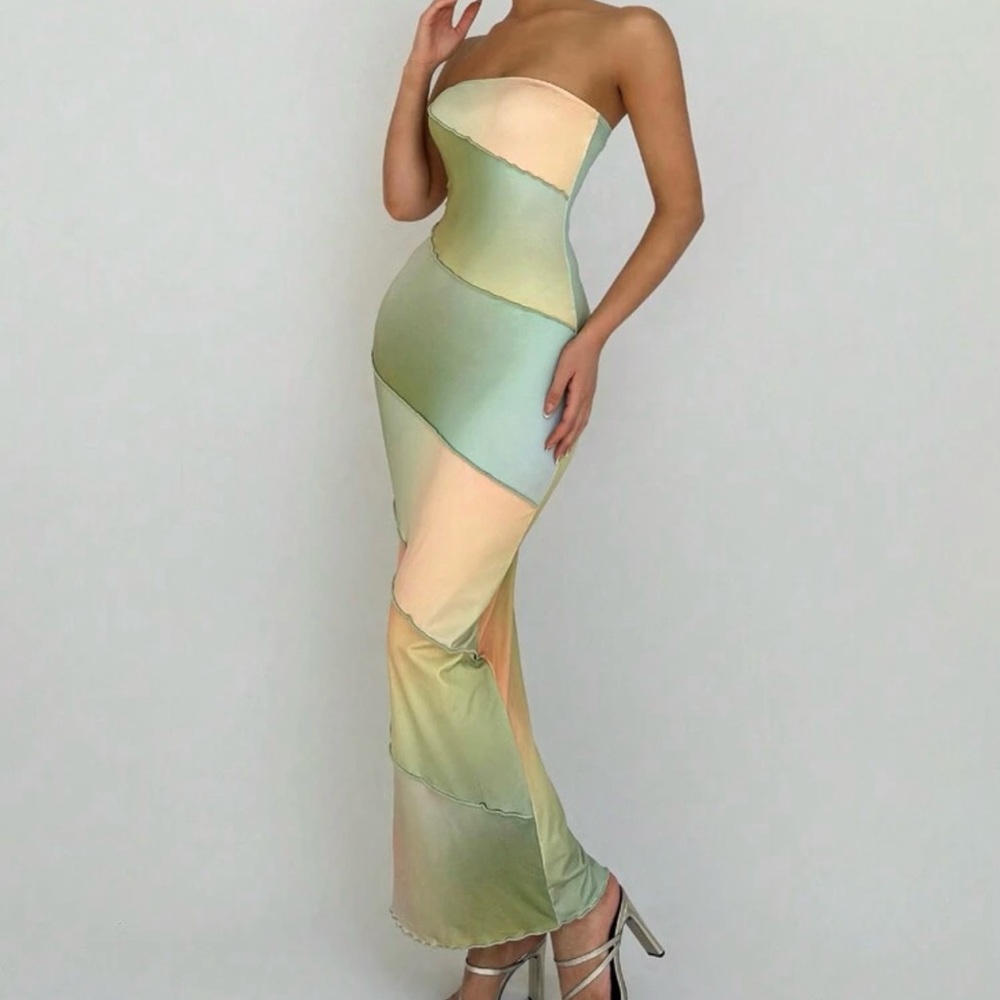 Elegant Strapless Multicolor Green Dress